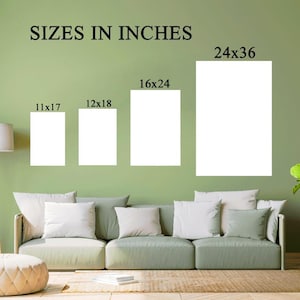 May include: Four blank white rectangular posters displayed on a sage green wall above a light green sofa. The text SIZES IN INCHES appears at the top, with labels 11x17, 12x18, 16x24, and 24x36 positioned above each corresponding white poster size.