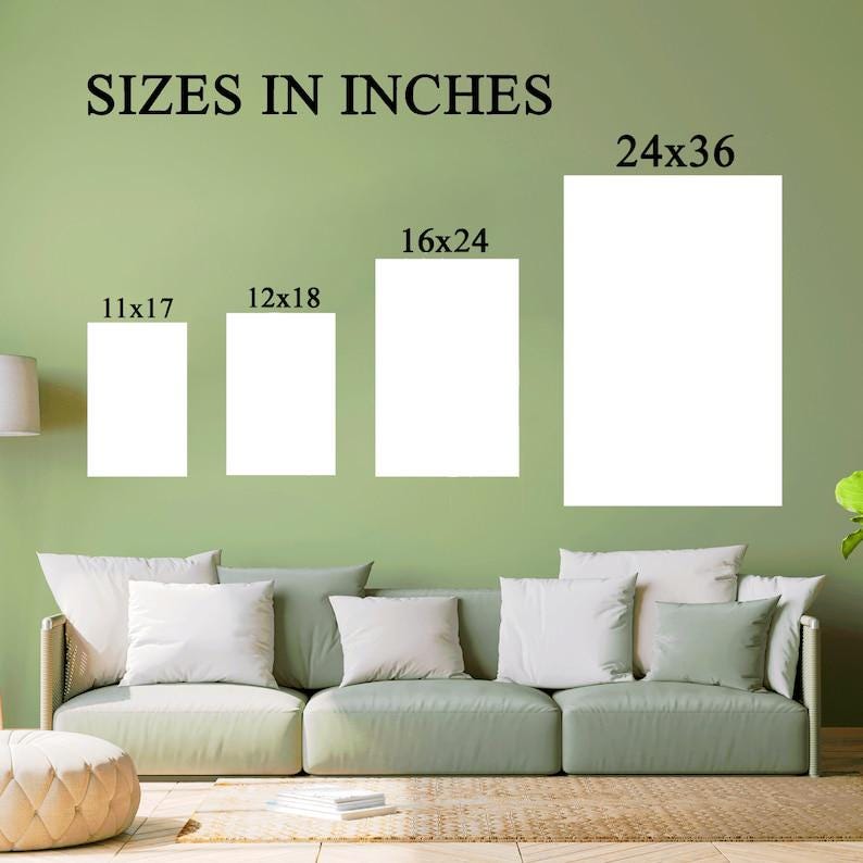 May include: Four blank white rectangular posters displayed on a sage green wall above a light green sofa. The text SIZES IN INCHES appears at the top, with labels 11x17, 12x18, 16x24, and 24x36 positioned above each corresponding white poster size.