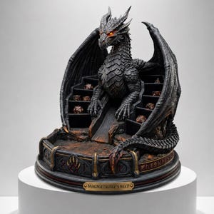 Puede incluir: Figura de dragón gris oscuro con ojos rojos y alas extendidas, posada sobre una estructura escalonada. La base tiene un borde dorado y el texto "MAGMA DRAKE'S KEEP". La figura es un soporte para dados.
