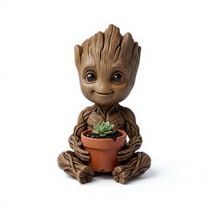 May include: A brown, stylized figurine of a character holding a small terracotta pot with a succulent plant. The figurine has a smiling face and a textured, wooden appearance. The pot contains dark soil and a green succulent.