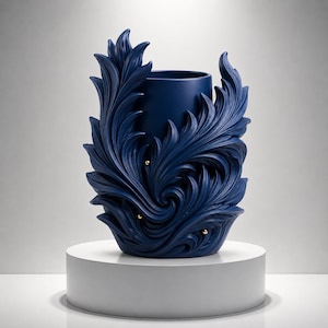 May include: A navy blue decorative vase with an ornate, swirling leaf design. The vase has a cylindrical interior and is accented with small gold-colored details. It is displayed on a white pedestal.