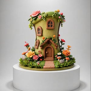 Puede incluir: Una caprichosa escultura de casa de hadas, de color verde oliva, adornada con flores coloridas, setas y vegetación. La estructura presenta ventanas arqueadas y una puerta de madera. Se exhibe sobre un pedestal blanco, creando una exhibición de temática fantástica.