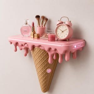 May include: A wall-mounted shelf shaped like a melting pink ice cream scoop on a tan waffle cone. The shelf holds a round perfume bottle, a lipstick, a makeup brush holder with three brushes, an eyeshadow palette, a small jar, and a pink alarm clock.