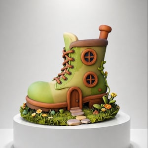 Puede incluir: Una caprichosa casa con forma de bota verde con tejado, puerta y chimenea marrones. La bota tiene dos ventanas redondas y está rodeada de un jardín en miniatura con hierba, flores y piedras. La bota está sobre un pedestal blanco.
