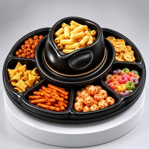 Puede incluir: Una bandeja de servicio negra con múltiples compartimentos, con un cuenco en forma de sombrero en el centro. La bandeja está llena de varios aperitivos, incluyendo snacks crujientes, cereales de colores y bolas infladas. Se encuentra sobre un pedestal blanco.