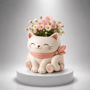 以下が含まれることがあります： クリーム色の猫型プランター。笑顔の顔、ひげ、ピンクのスカーフが特徴です。プランターにはピンクと白のデイジーのブーケが入っています。猫は白い台座に座っています。