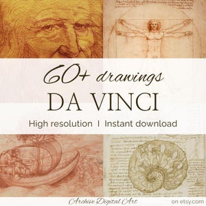 Puede incluir: Una colección digital de 60+ dibujos de Da Vinci que incluye bocetos del Hombre de Vitruvio, un retrato, un barco y un estudio botánico. La imagen incluye el texto 60+ drawings DA VINCI, High resolution, Instant download, Archive Digital Art.