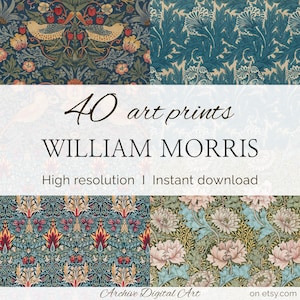 Pode incluir: Uma coleção de 40 impressões de arte de William Morris com padrões intrincados de flores e pássaros em várias paletas de cores, incluindo azuis profundos, verdes e rosas suaves. O texto diz 40 art prints WILLIAM MORRIS High resolution.