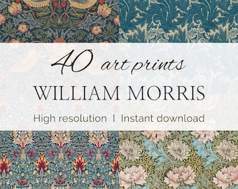 May include: A collection of 40 William Morris art prints featuring intricate floral and bird patterns in various colour palettes including deep blues, greens, and soft pinks. The text reads 40 art prints WILLIAM MORRIS High resolution | Instant download.