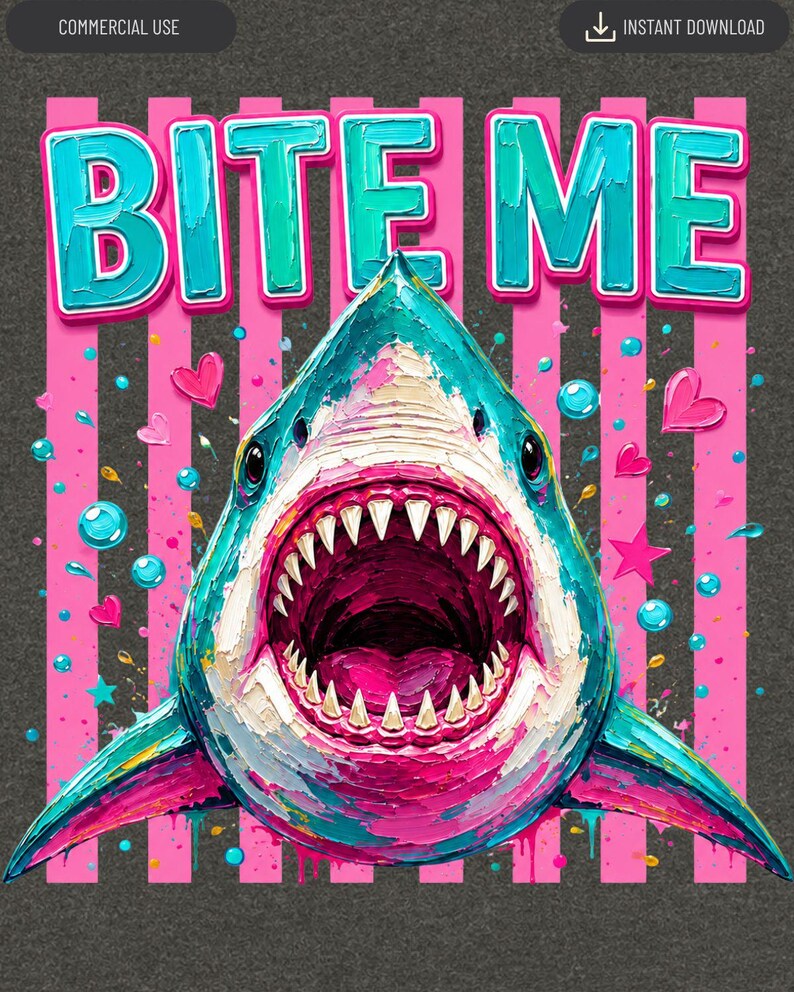 May include: A graphic design featuring a shark with an open mouth and sharp teeth, rendered in a textured, impasto-style paint effect. The text BITE ME appears in large, light blue letters above the shark, set against a background of pink stripes.