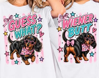 Guess What Wiener Butt PNG, Preppy Funny Dachshund PNG, Sarcastic Dog Mom Graphic, Trending Stripes Png, Trendy Boutique Png, Matching Shirt