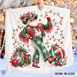 Papá Noel vaquero PNG, diseño de camiseta navideña disco, luces navideñas de Papá Noel con lazo del oeste PNG, sudadera navideña campestre PNG, regalo de vaquera