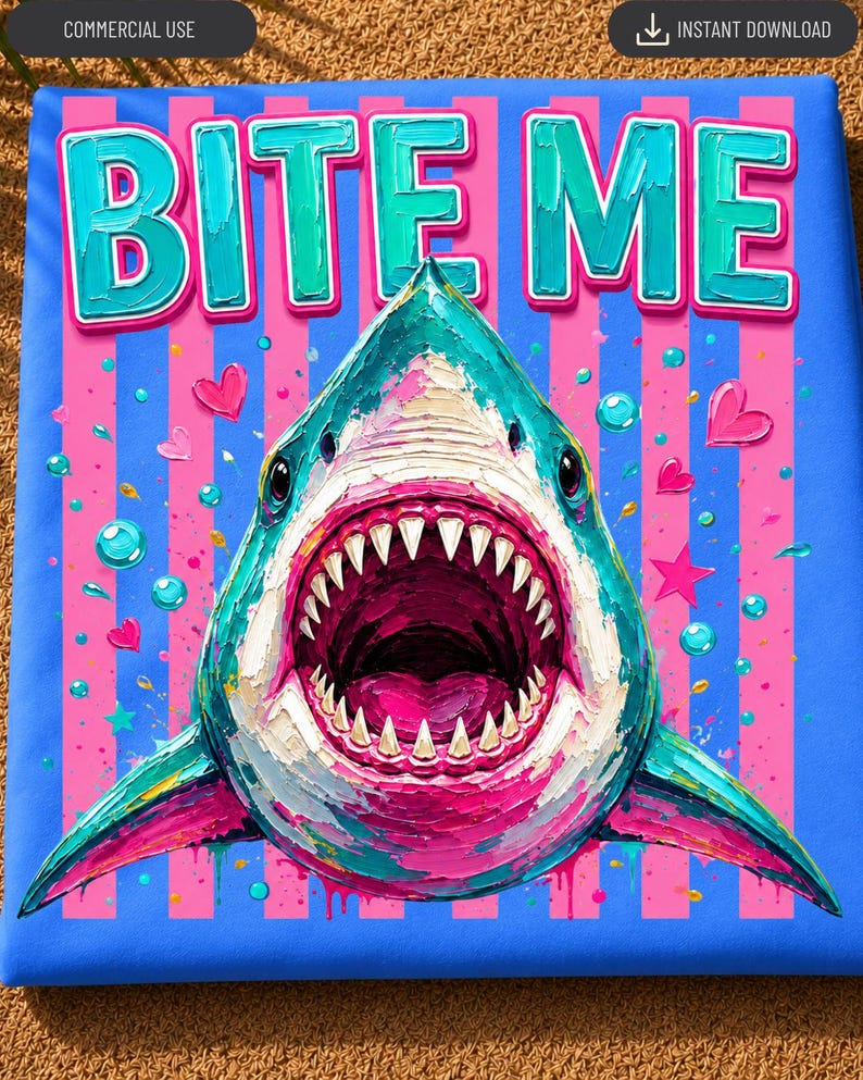 May include: A digital art print featuring a shark with an open mouth and sharp teeth, centered over a blue and pink striped background. The text BITE ME appears in large, textured teal letters at the top, surrounded by small pink hearts and stars.