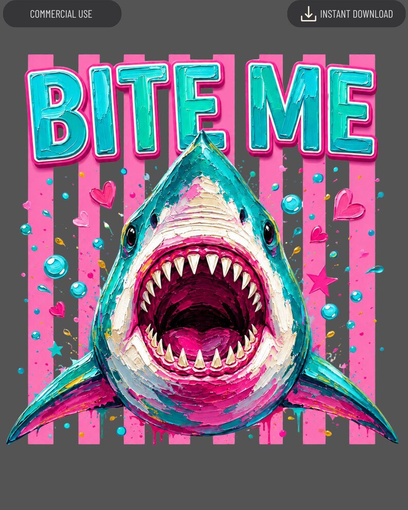 May include: A digital illustration of a shark with its mouth open, displaying sharp teeth. The shark is rendered in blue, teal, and pink tones with a textured paint effect. The text BITE ME appears above in teal, set against a pink striped background.