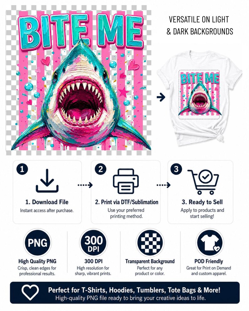 May include: A digital graphic design file featuring a shark with an open mouth, surrounded by pink vertical stripes, small hearts, and stars. The text BITE ME is displayed in large, light blue, three-dimensional letters above the shark illustration.