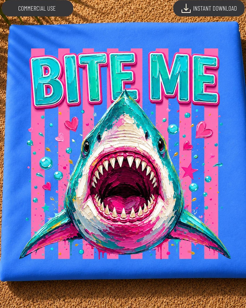 May include: A blue fabric print featuring a shark with an open mouth and sharp teeth. The text BITE ME appears in teal above the shark. The background consists of vertical pink stripes, small pink hearts, teal bubbles, and a pink star.