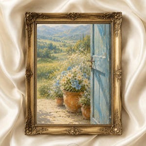 May include: A rectangular wall art print in an ornate, antique gold-toned frame. The artwork depicts a landscape scene featuring terracotta pots filled with white and blue flowers, positioned beside an open, weathered blue wooden door.