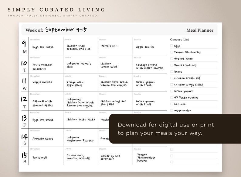 Undated Weekly Meal Planner | Minimalist Printable PDF (digital ...