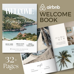 Mall för Airbnb-välkomstbok (Canva), guide till modernt strandhus, VRBO-gästbok, utskrivbar digital guidebok, semesterbostad vid kusten