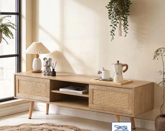 Bohemian TV Cabinet, Media Cabinet with Double Sliding Doors, Featuring Wicker Sliding Doors, Adjustable Shelves, and Solid Wood Legs