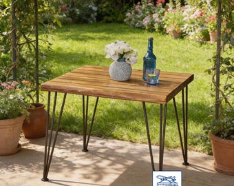 Rustic patio coffee table, side table, featuring an acacia wood tabletop and wrought-iron frame, suitable for courtyards, gardens, etc.