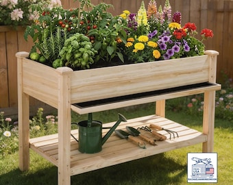 Modern Rustic Outdoor Raised Planters, Complete with Drip Trays, Shelving, and Protective Liners