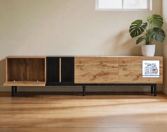 Minimalist TV stand, modern media console, featuring 3 cabinet doors and open shelving, designed to accommodate TVs up to 80 inches