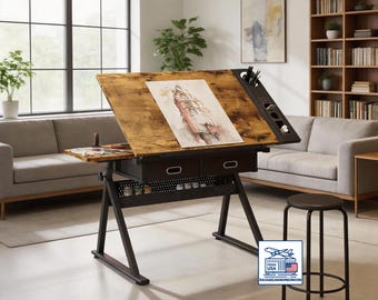 Multi-functional drafting table, craft table, tilting tabletop, height-adjustable desk, includes with 2 storage drawers and a stool.