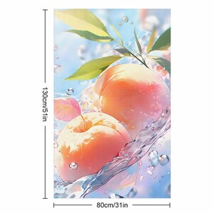May include: A digital illustration of two peaches with water droplets and green leaves. The peaches are a light orange-pink color, and the artwork is 51 inches tall and 31 inches wide.