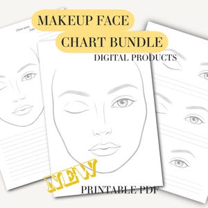 Puede incluir: Un conjunto de hojas blancas imprimibles de gráficos faciales de maquillaje. Los gráficos muestran contornos de rostros y ojos para el diseño de maquillaje. El texto incluye "Makeup Face Chart Bundle", "Digital Products", "New" y "Printable PDF."