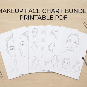 Paket med professionell makeup-ansiktsdiagram, framifrån och profilvyer, design- och kontinuitetsblad för makeupartister, utskrivbar PDF