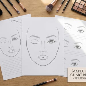 May include: A collection of white paper makeup face charts with facial outlines, alongside makeup brushes, pencils, and an eyeshadow palette. The charts feature outlines of eyes, lips, and facial features for makeup application practice. The text "Makeup Face Chart Bundle - Printable PDF" is visible.