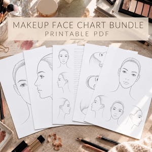 Puede incluir: Un paquete de plantillas de maquillaje en PDF imprimible que presenta varias hojas blancas con dibujos de líneas negras de rostros humanos en varios ángulos, incluyendo vistas frontales y de perfil, rodeadas de brochas y paletas de maquillaje.