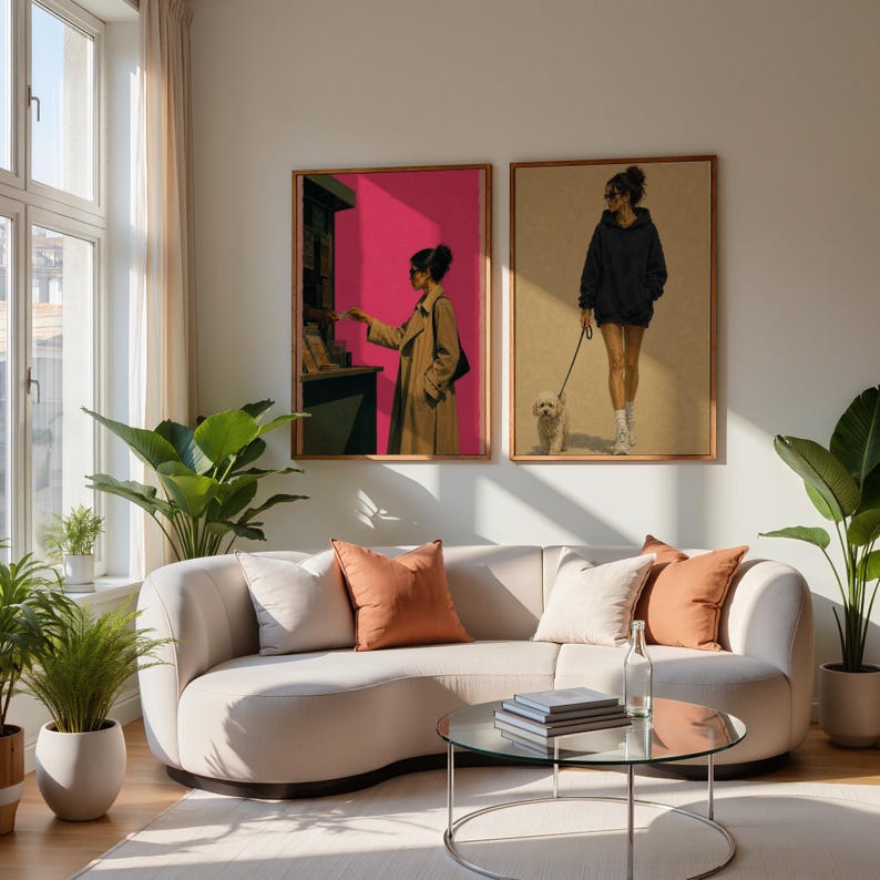 Picture of Neutral Fashion Wall Art | Woman Walking Dog Print | Minimalist Beige ...