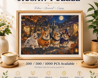 Halloween Corgi Jigsaw Puzzle, Cute Costumed Dogs Puzzle, Moonlit Autumn Town Scene, Cozy Family Puzzle, Gift for Corgi Lovers