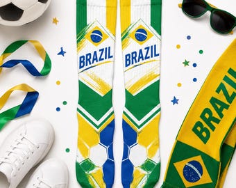 Custom Name Brazil Soccer Socks, Personalized Brazil Flag Socks, Unisex Soccer Fan Socks, Game Day Gift for Men Women