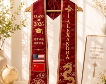 Custom Chinese Graduation Stole, Personalized Class of 2026 Senior Sash, Chinese American Graduation Gift, Elegant Satin Grad Stole