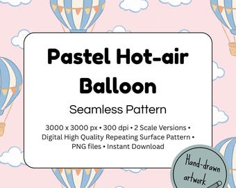 Könnte beinhalten: Ein nahtloses Muster mit blau-weißen Heißluftballons und beigen Körben auf hellrosa Hintergrund mit weißen Wolken. Der Text lautet: Pastel Hot-air Balloon Seamless Pattern 3000 x 3000 px 300 dpi 2 Scale Versions.