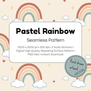 Nahtloses Muster mit Regenbogen und Wolken – handgezeichnetes Digitalpapier (PNG) in Pastellfarben für Stoffe, Bastelprojekte & Scrapbo