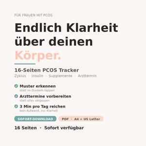 Könnte beinhalten: Ein digitaler PCOS Symptom & Zyklus Tracker in einer weichen, neutralen Farbpalette. Das Cover zeigt den Titel "PCOS Symptom & Zyklus Tracker" in einer modernen Schriftart. Das Bild enthält auch Text auf Deutsch, darunter "Endlich Klarheit über deinen Körper."