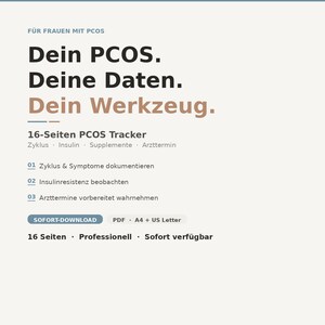 Könnte beinhalten: Ein digitaler Download mit einem PCOS Symptom- und Zyklus-Tracker. Das Cover zeigt den Titel in einer modernen Schriftart mit minimalistischem Design. Der Text enthält "Dein PCOS. Deine Daten. Dein Werkzeug."