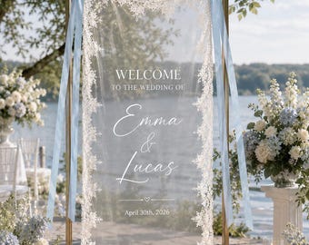 Personalized Sheer Lace Wedding Welcome Sign, Modern Wedding Ceremony Banner, Custom Welcome Sign, Bridal Shower Decor