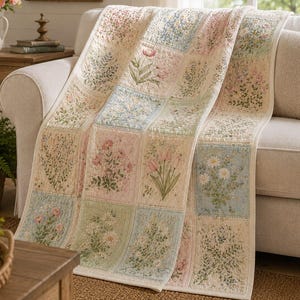 May include: A quilted throw blanket featuring a grid of rectangular panels, each decorated with botanical illustrations of various flowers and greenery in soft pastel shades of pink, blue, green, and cream on a light-colored fabric background.