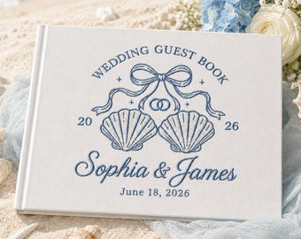 Personalized Hand-Embroidered Beach Theme Wedding Guest Book, Custom Linen Photo Album, Custom Wedding Guestbook, Keepsake Gift