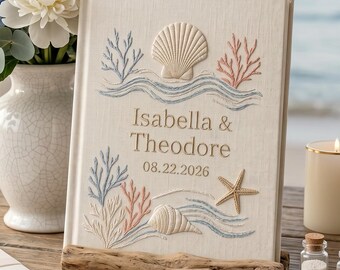 Personalized Embroidered Coastal Wedding Guest Book, Custom Linen Guestbook with Names, Seaside Bridal Shower Gift Photo Album
