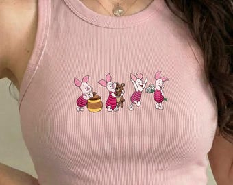 Embroidered Piglet Story Cotton Tank Top, Winnie the Pooh Disney Vacation Baby Tee, Vintage Cartoon Tank Top for Women, Women's Fitted Tee