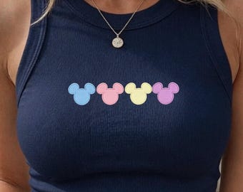 Embroidered Pastel Mouse Head Tank Top, Minimalist Disney Inspired Shirt, Cute Theme Park Vacation Outfit