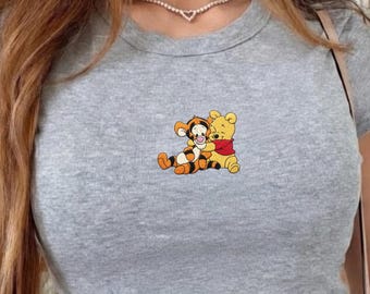 Embroidered Winnie Pooh Tigger Baby Tee Retro Cartoon, Gift for Disney Fans Vacation, Cute Fitted Disney Shirt