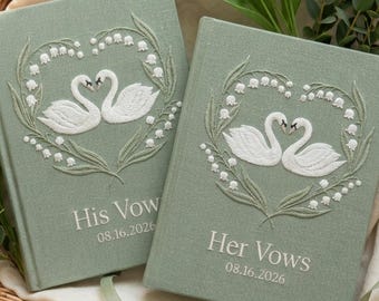 White Floral Lily of the Valley Wedding Vow Books Set of 2, Swan Heart His and Her Vow Notebooks Wedding Keepsake