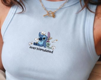 Embroidered Overstimulated Blue Alien Baby Tee, Funny Blue Alien Tank Top, Magical Kingdom Anxiety Shirt, Cute Embroidered Graphic Tank